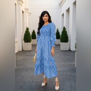 Pink City Prints Blue Floral Tiered Maxi Dress – Size Large